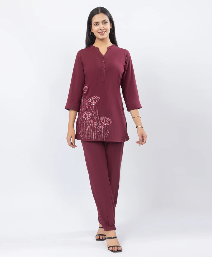 Premium Floral Embroidered Mandarin Collar Kurta Set