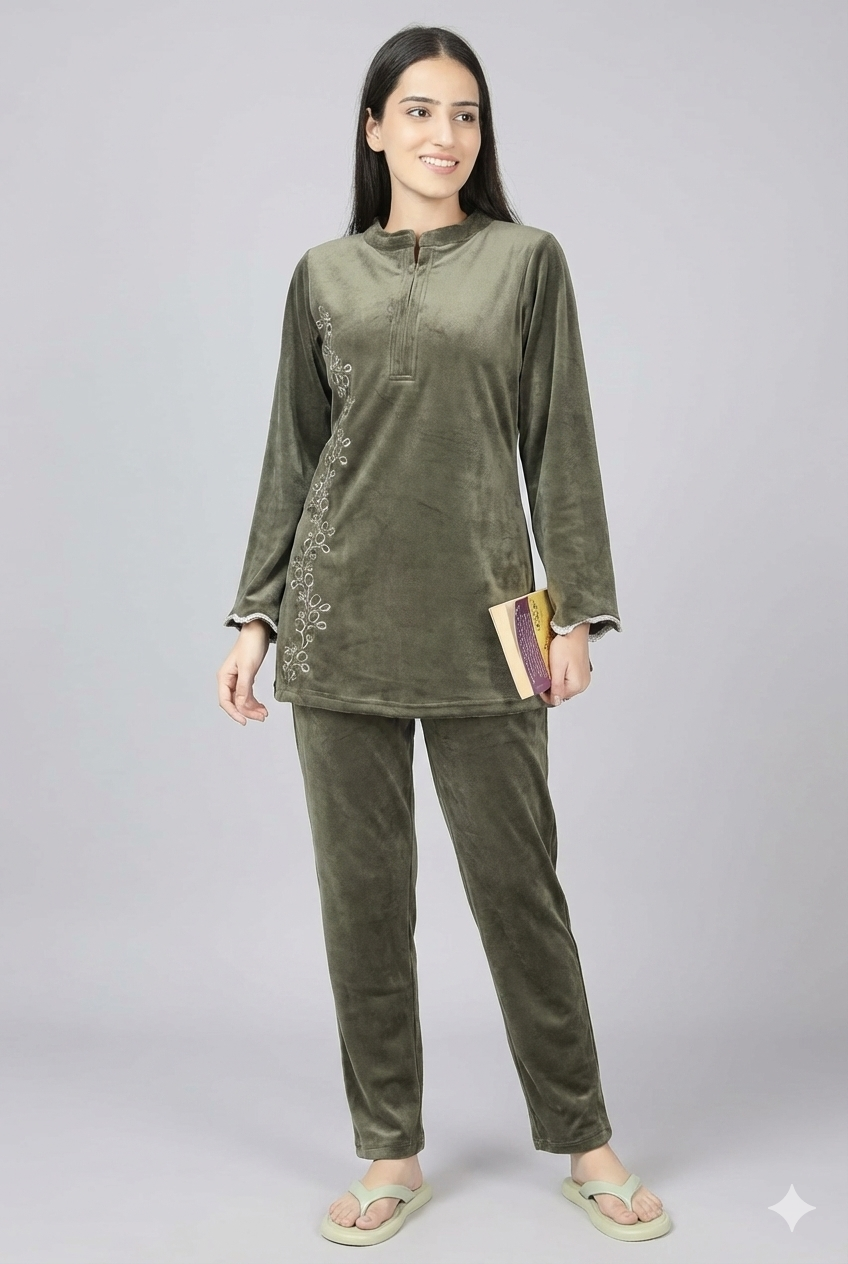 Embroided Velvet Night Suit