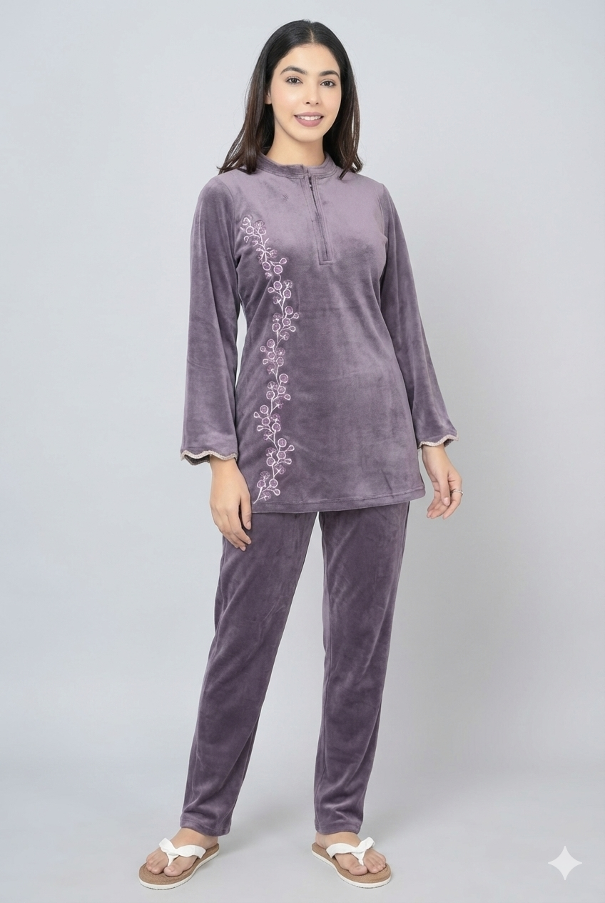 Embroided Velvet Night Suit