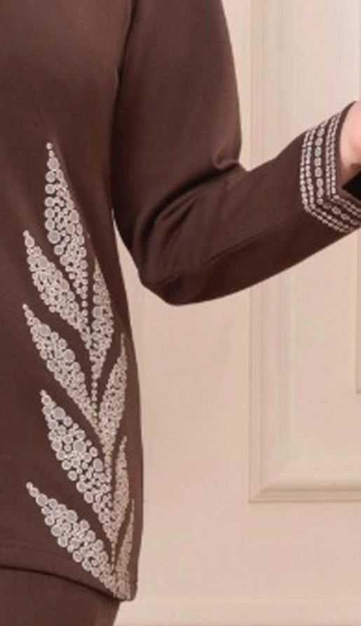 Elegant Leaf-Embroidered Knit Loungewear Set