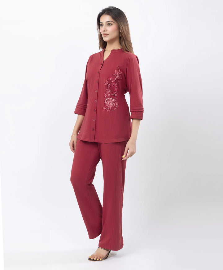 Front-Open Casual Embroidered Co-Ord Set