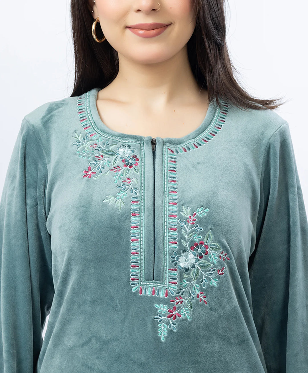Round Neck Buttoned Kurta and Trouser Set with Embroidery & Pockets.