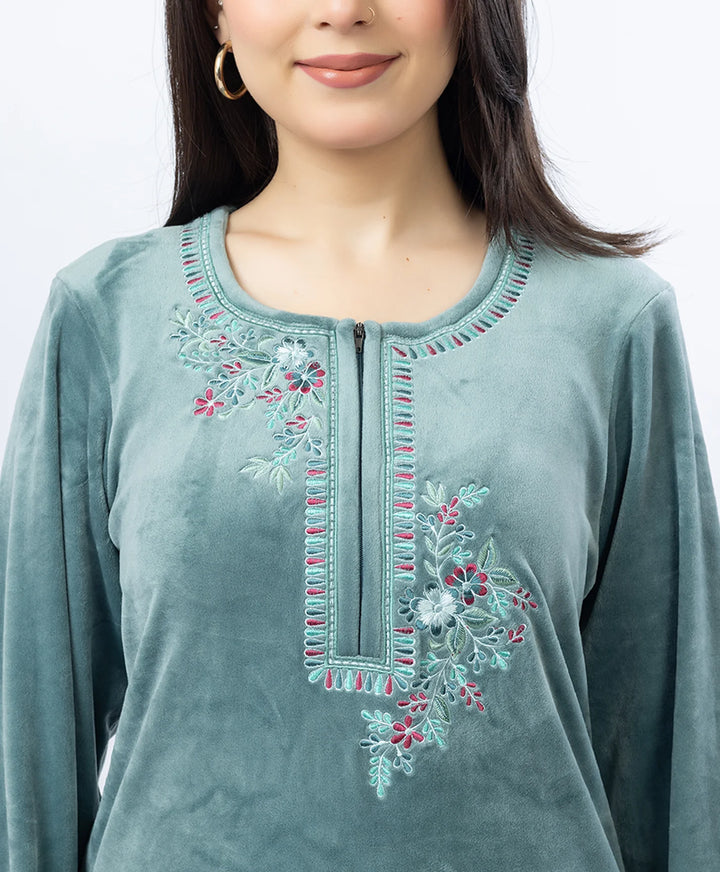Round Neck Buttoned Kurta and Trouser Set with Embroidery & Pockets.