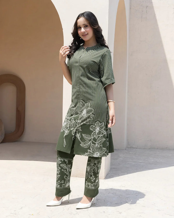 Long Monochrome Bloom Kurta Set