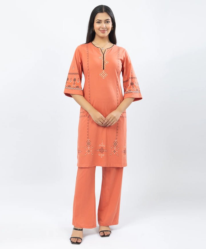 Straight Fit Long Kurta Set with Printed Embroidery Accents
