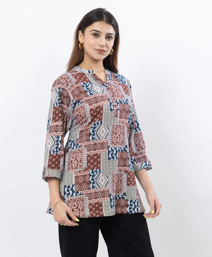 Printed Front-Placket Hip-Length Short Kurti
