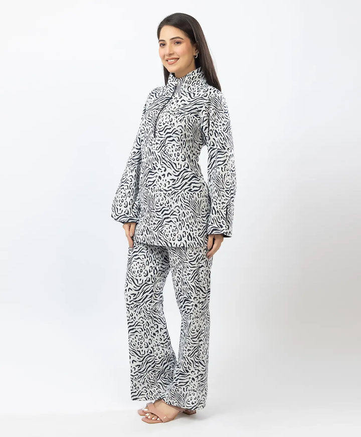 Fashion-Forward Printed Kurta with Stand Collar & Matching Straight Lower.