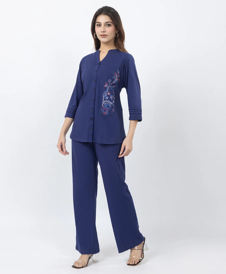 Front-Open Casual Embroidered Co-Ord Set