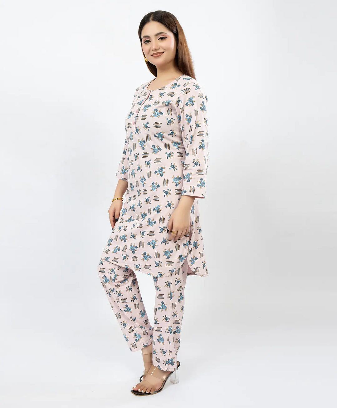Quarter Sleeve Printed Cotton Kurta with Straight Pant Set