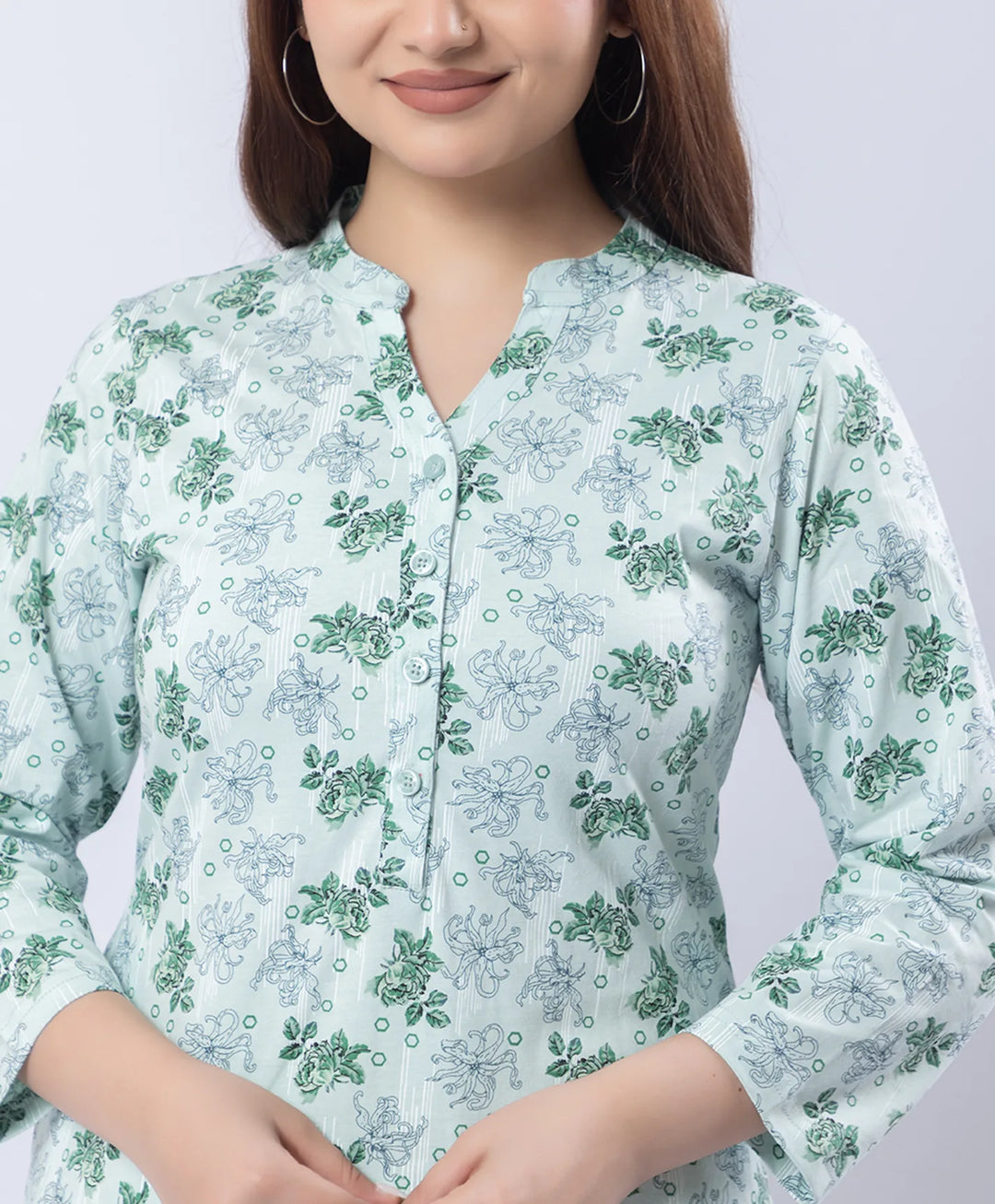 Mandarin Collar Quarter Sleeve Floral Kurti & Narrow Ankle Hem Afghani Suit