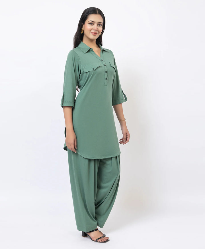 Collared Pathani Kurta with Relaxed Draped Salwar