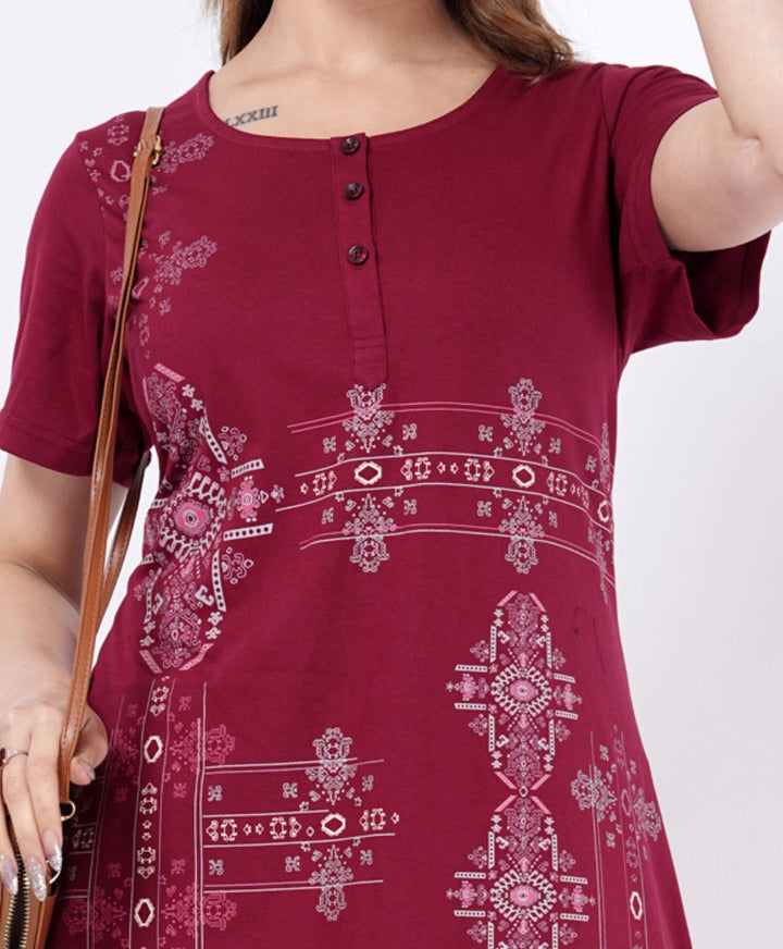Elegant Printed Button-Neck Straight Long Top