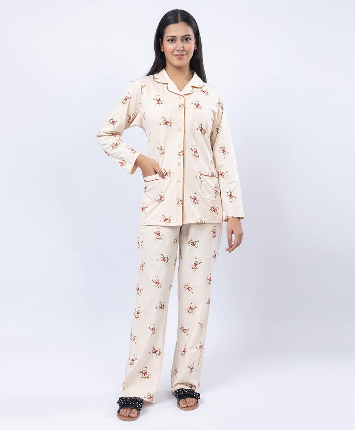 Printed Shirt Collar Front Open Night Suit Set