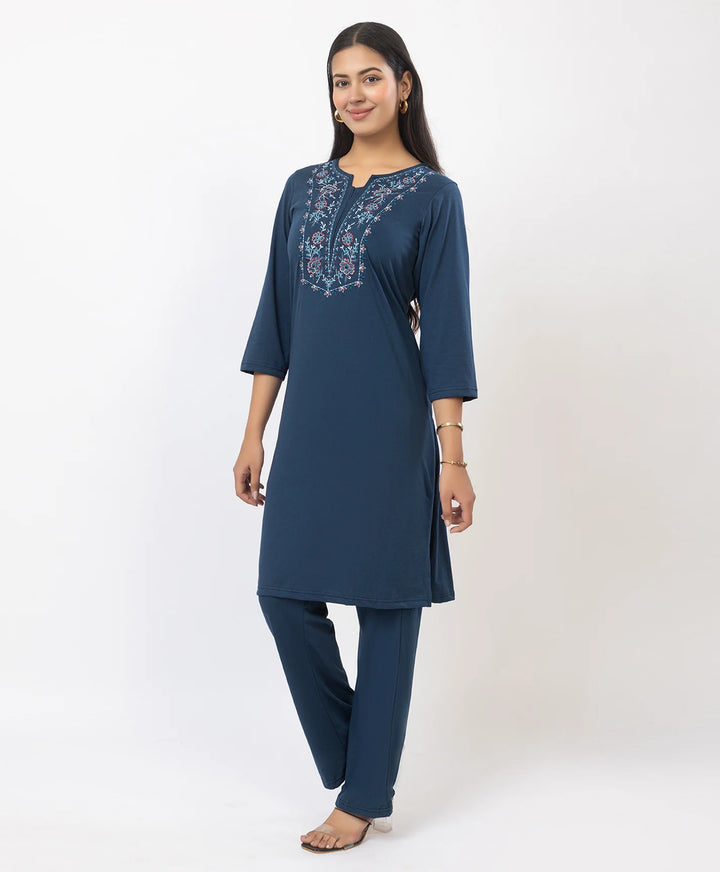 Stylish Neckline Embroidery Straight Kurta Pant Set