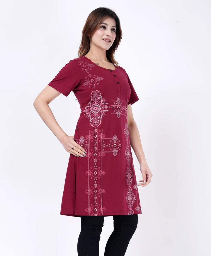 Elegant Printed Button-Neck Straight Long Top