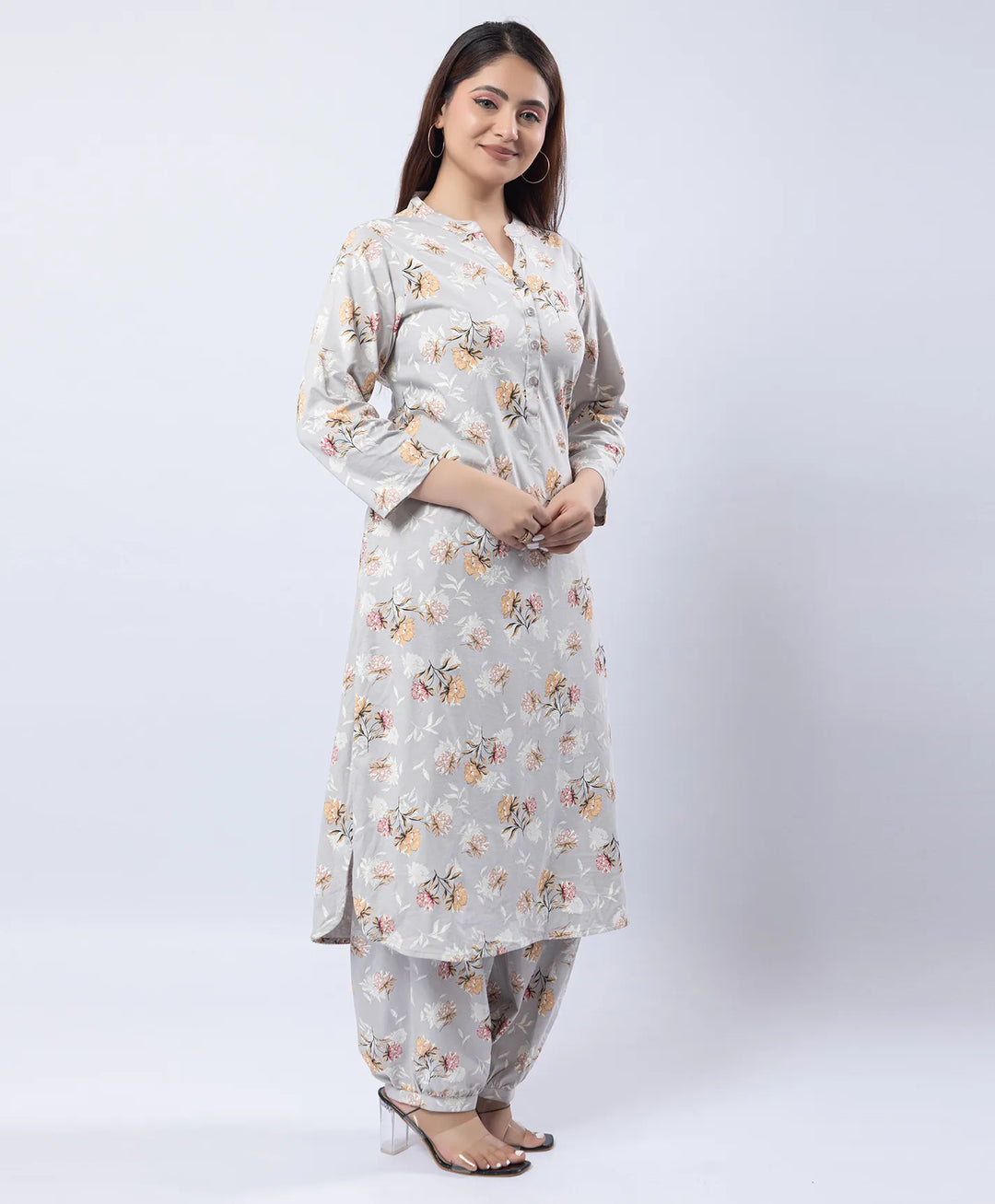 Mandarin Collar Quarter Sleeve Floral Kurti & Narrow Ankle Hem Afghani Suit