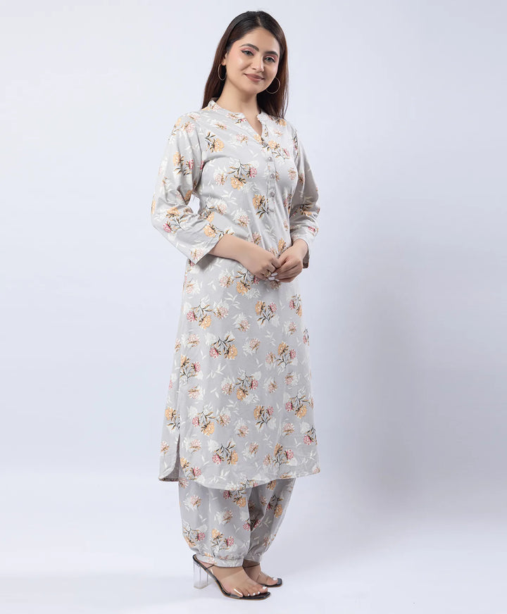 Mandarin Collar Quarter Sleeve Floral Kurti & Narrow Ankle Hem Afghani Suit
