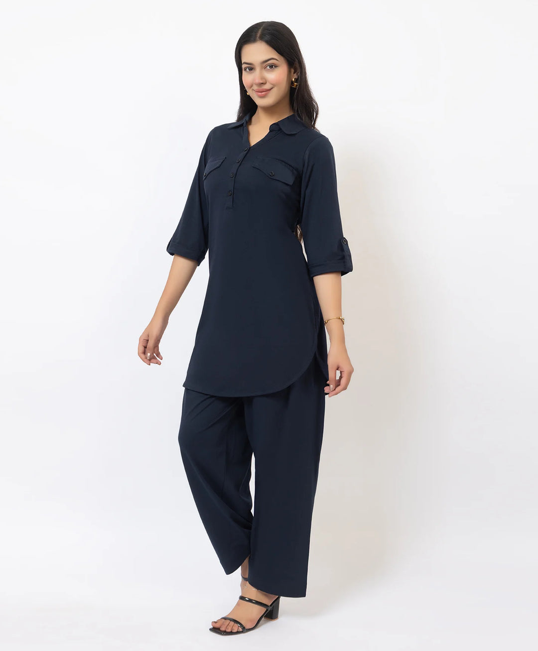 Collared Pathani Kurta with Relaxed Draped Salwar