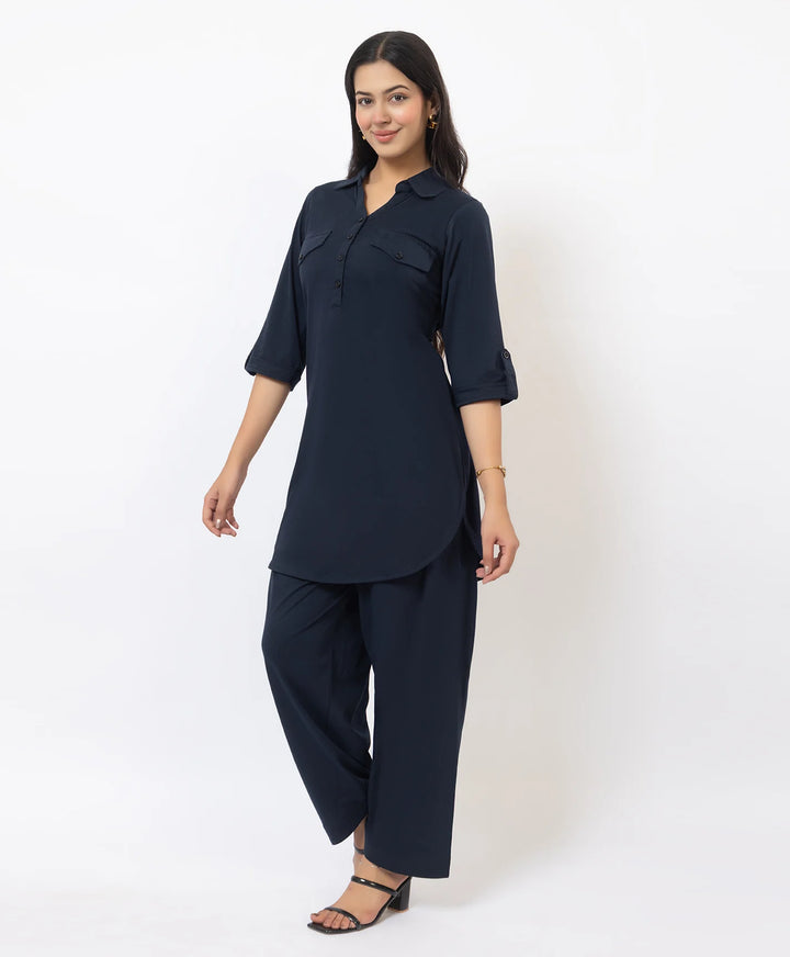 Collared Pathani Kurta with Relaxed Draped Salwar