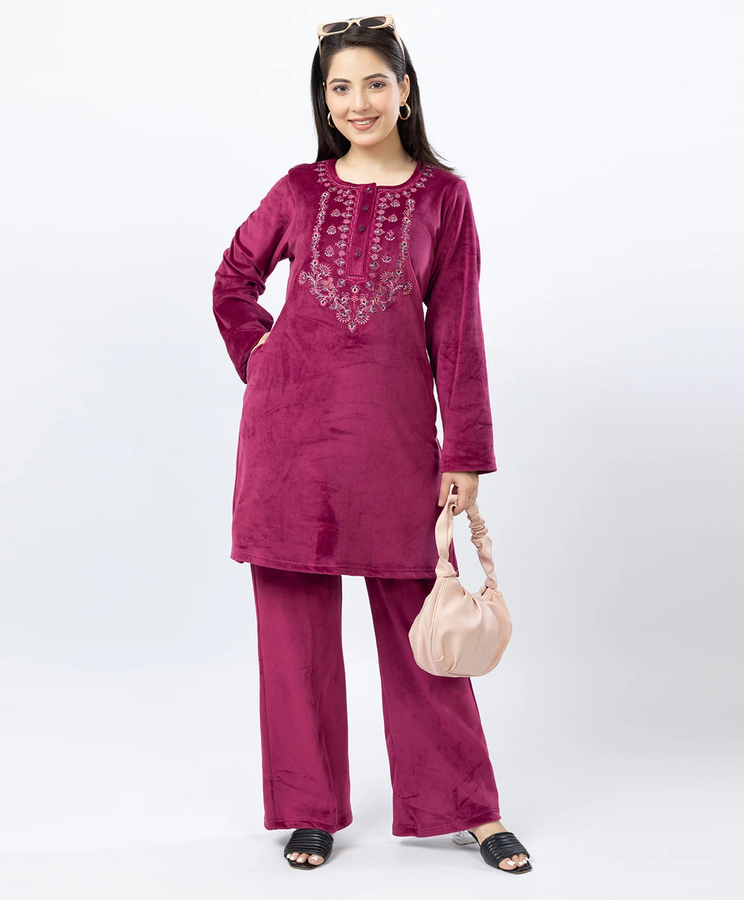 Round Neck Buttoned Kurta and Trouser Set with Embroidery & Pockets.