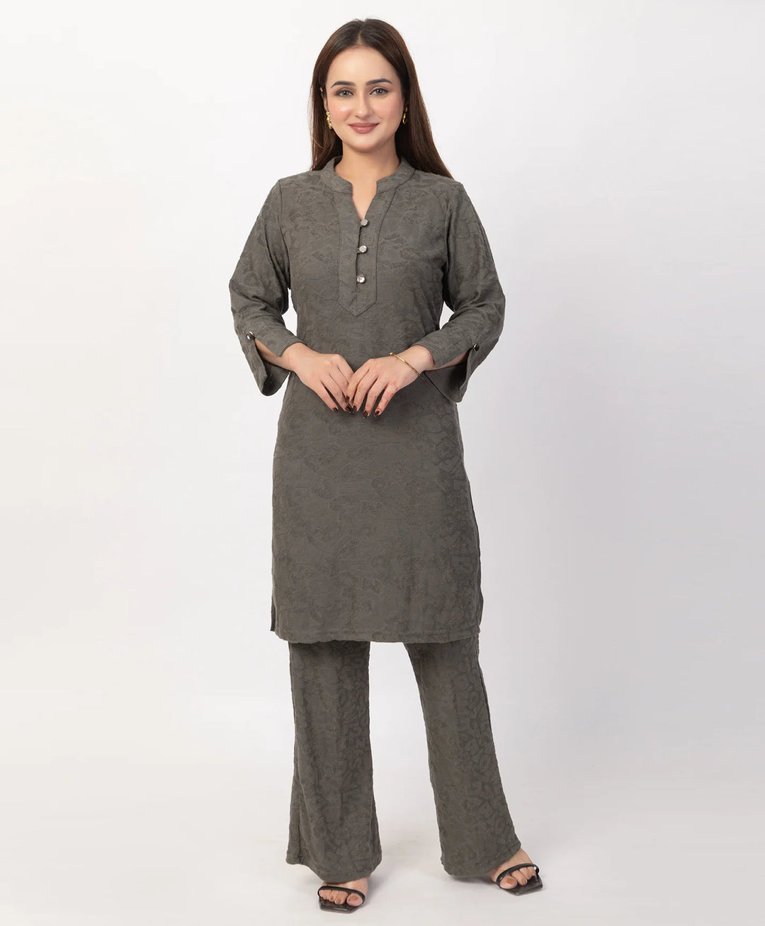 Straight Fit Kurta Set with Buttoned V-Placket & Notched Cuff Sleeves