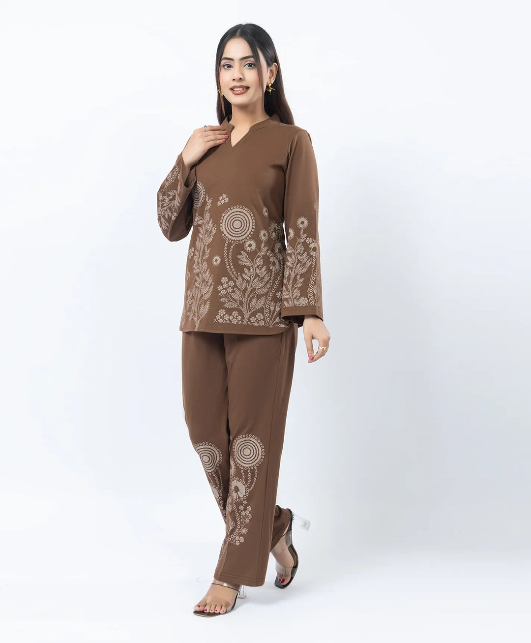 V-Notch Floral Tunic & Coordinated Printed Bottom Co-Ord Set