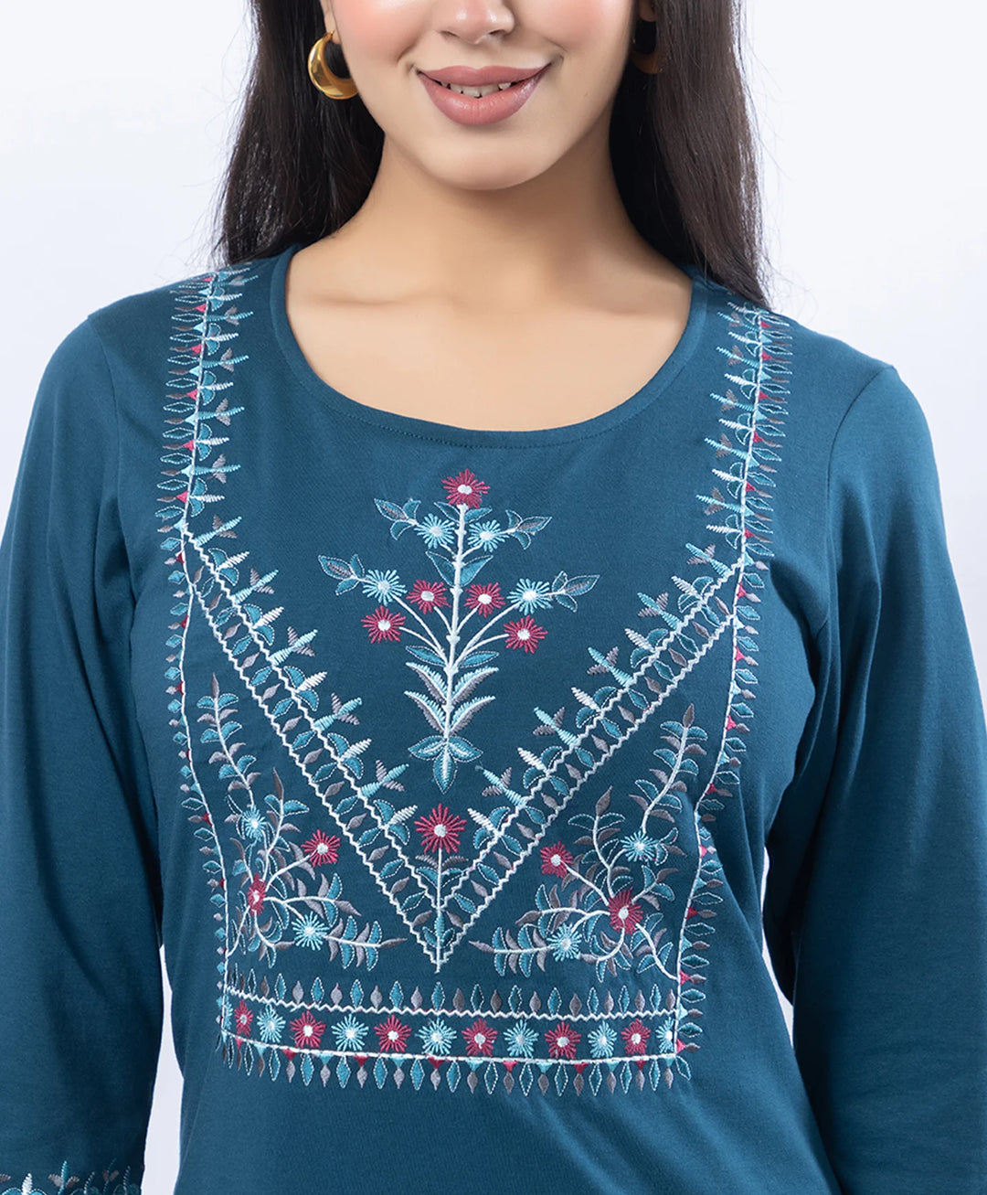 Premium Round Neck Embroidered Straight-Fit Co-Ord Set