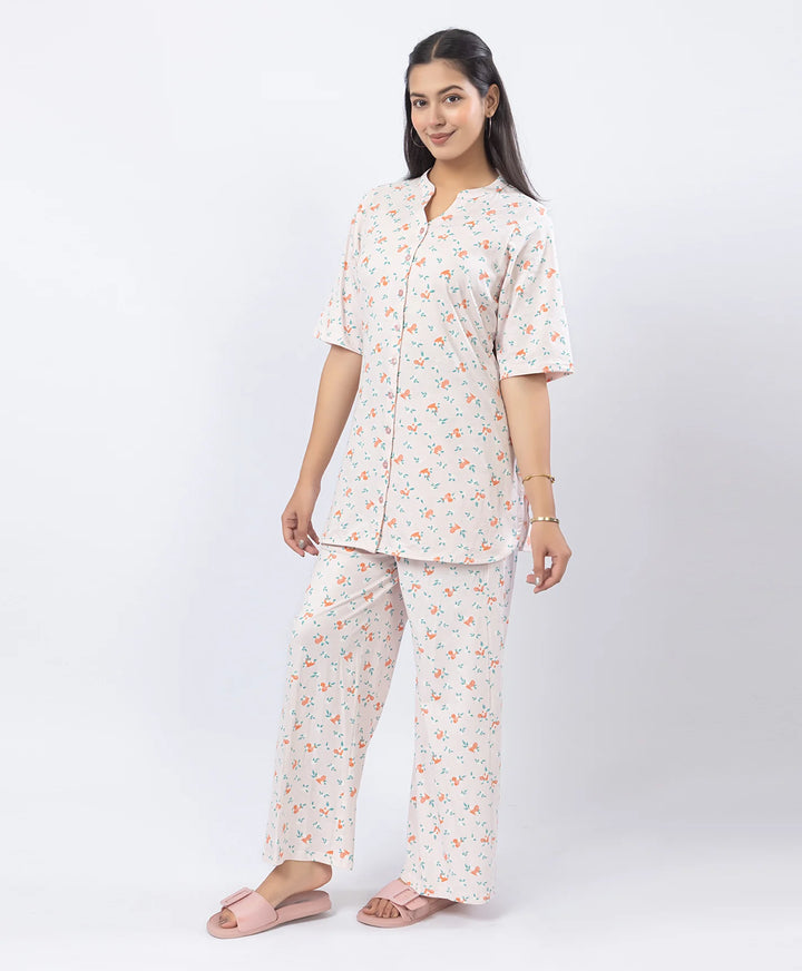 Front-Open Printed Wide-Leg Night Suit