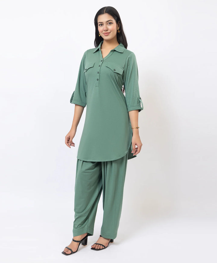 Collared Pathani Kurta with Relaxed Draped Salwar