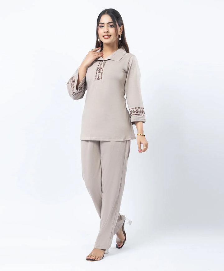 Straight Fit Collared Co-Ord Set with Embroidered Placket & Cuffs