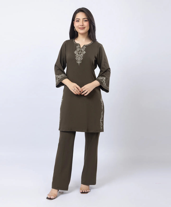 Embroidered V-Slit Straight Kurta Set