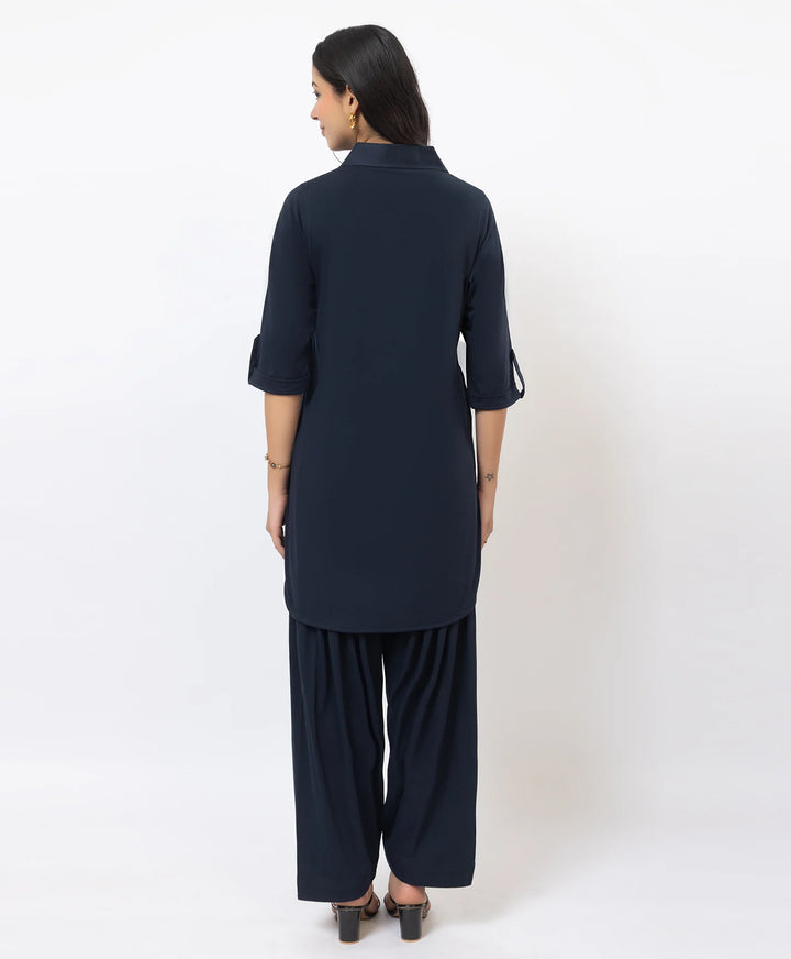 Collared Pathani Kurta with Relaxed Draped Salwar