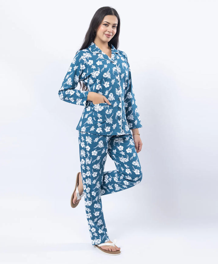 Printed Night Suit with Contrast Piping & Pockets
