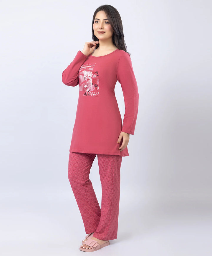 Elegant Printed Round-Neck Night Suit