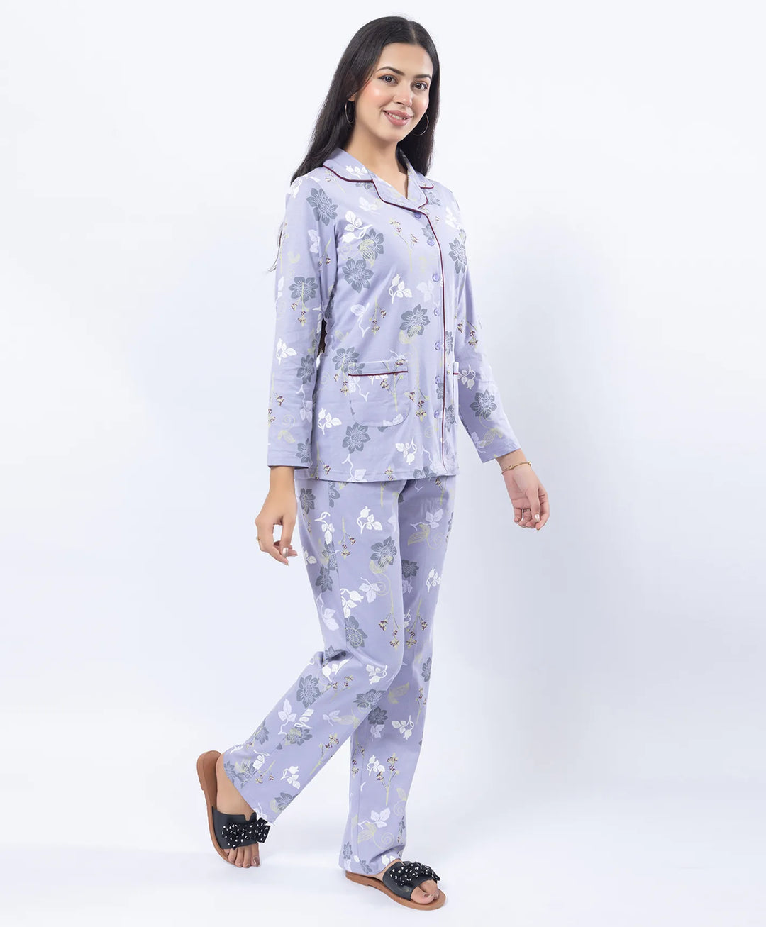 Printed Night Suit with Contrast Piping & Pockets