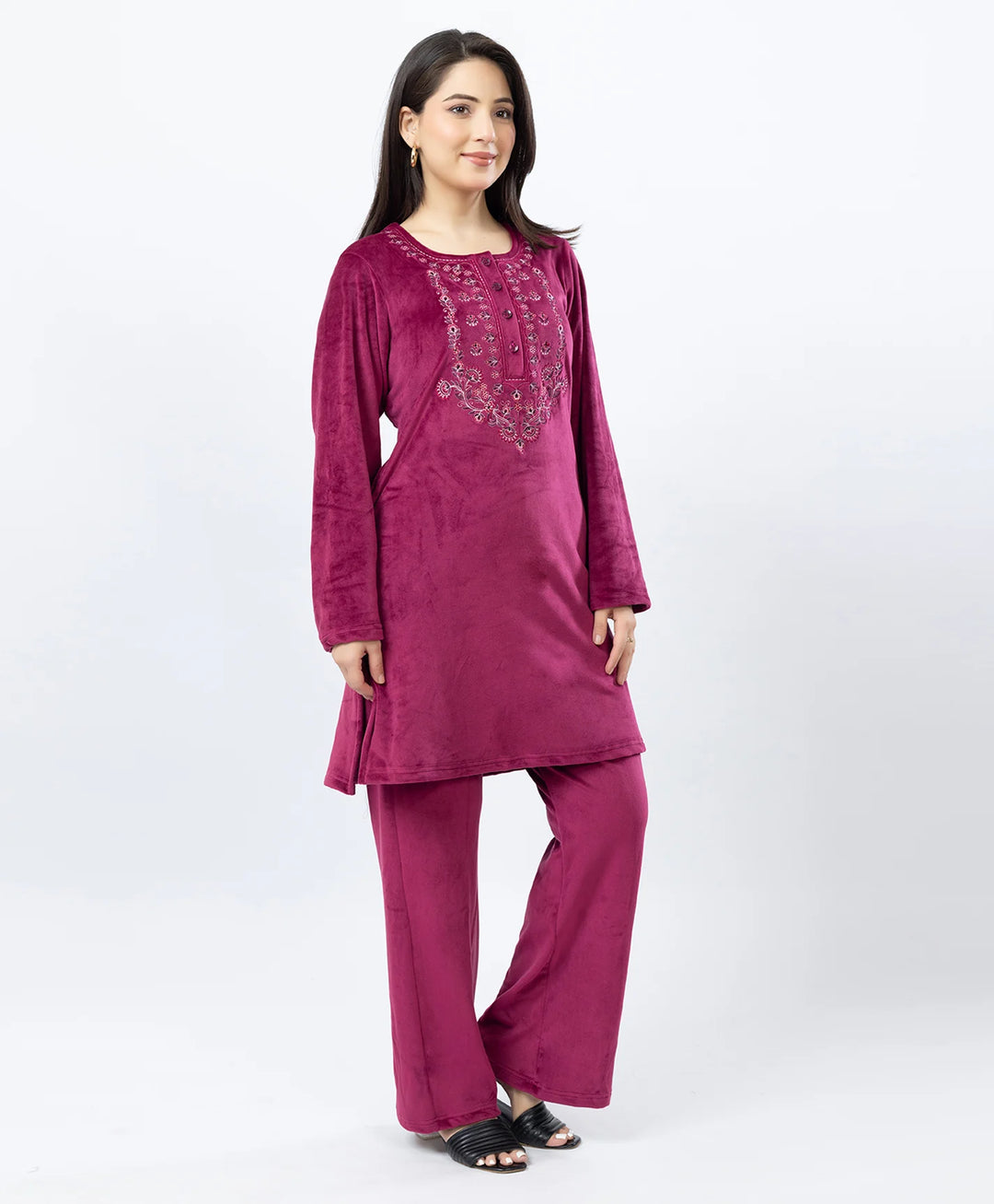 Round Neck Buttoned Kurta and Trouser Set with Embroidery & Pockets.
