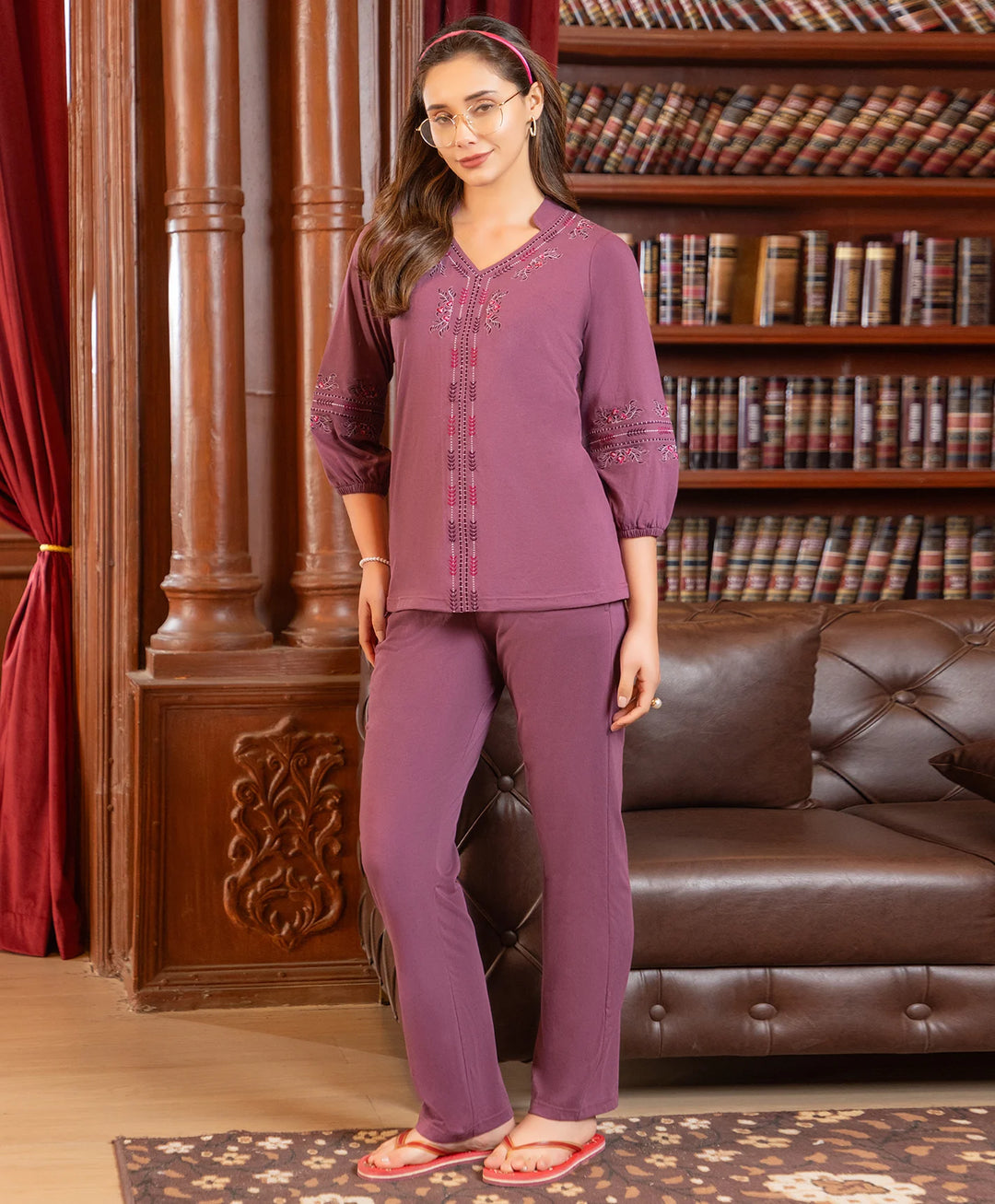 Elegant V-Neck Embroidered Co-Ord Set