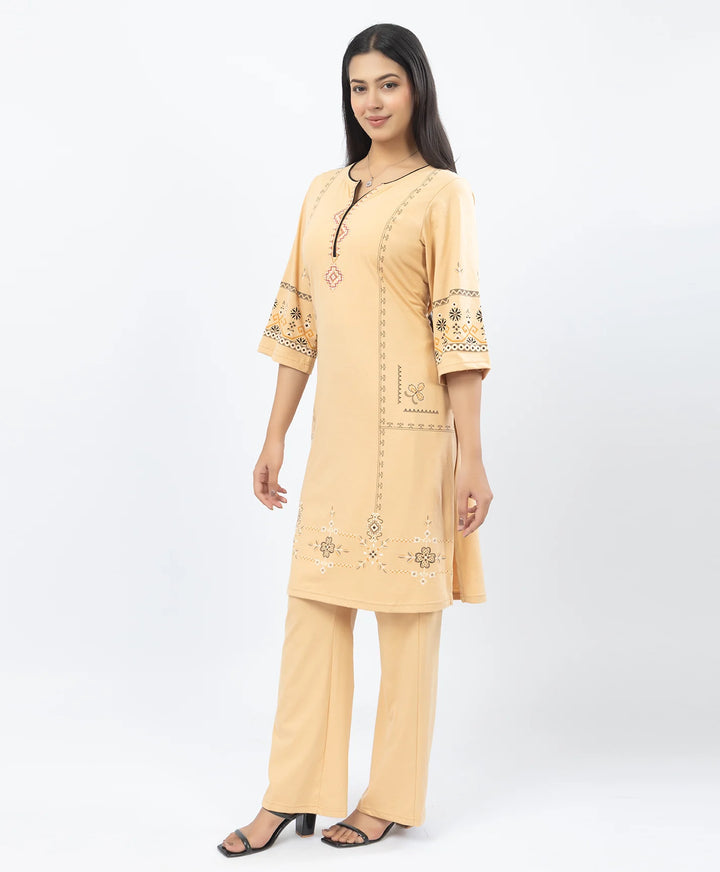 Straight Fit Long Kurta Set with Printed Embroidery Accents