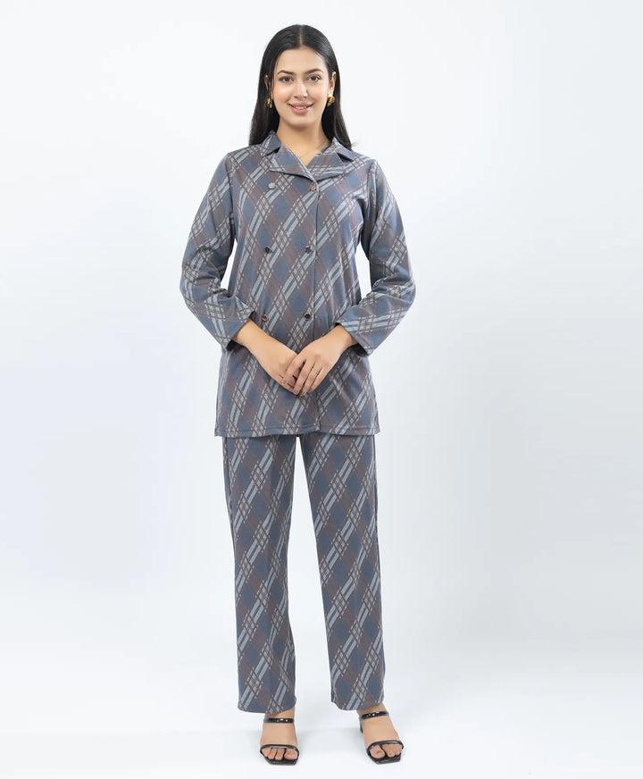 Checkered Co-Ord Set with Double-Button Front Placket & Straight Pants