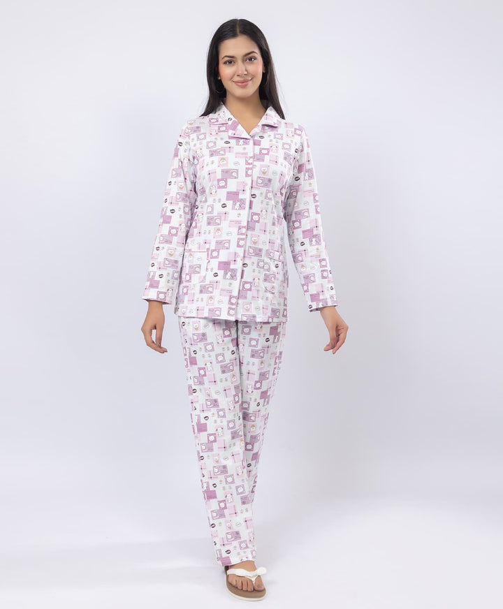 Printed Shirt Collar Front Open Night Suit Set
