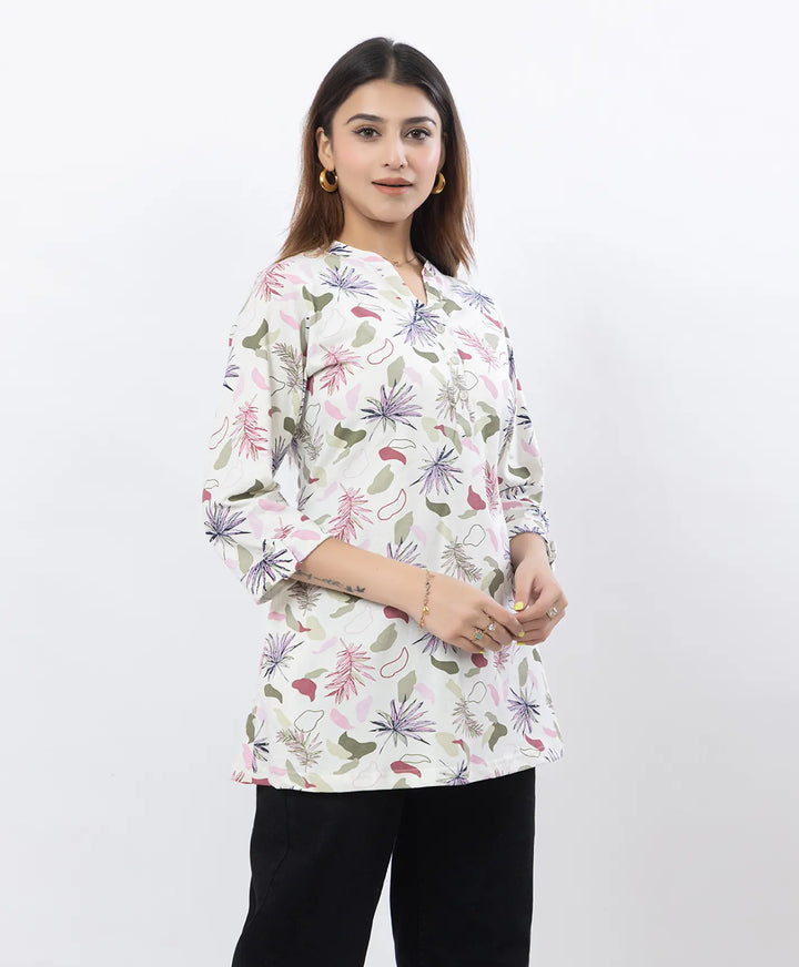 Printed Front-Placket Hip-Length Short Kurti