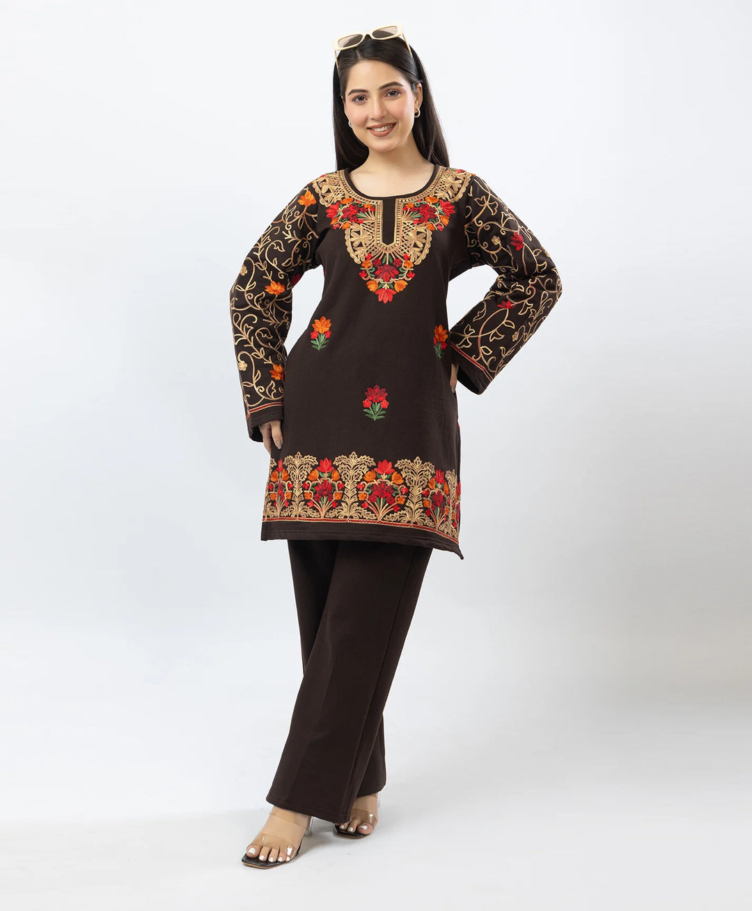 Kashmiri Floral Embroidered Fleece Kurta Set