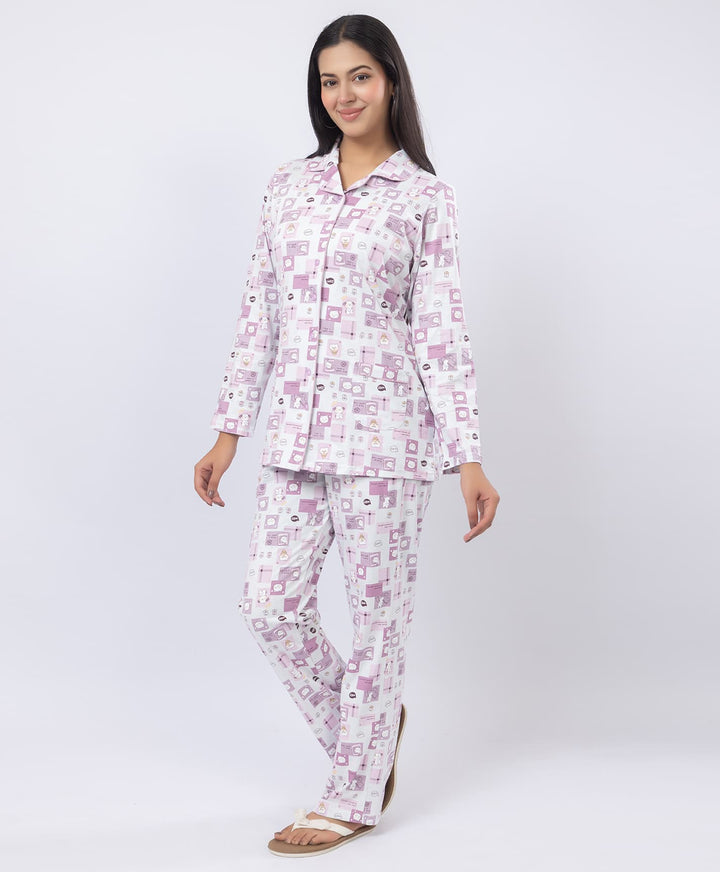 Printed Shirt Collar Front Open Night Suit Set