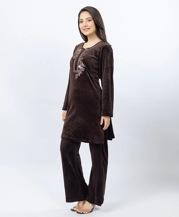 Round Neck Buttoned Kurta and Trouser Set with Embroidery & Pockets.