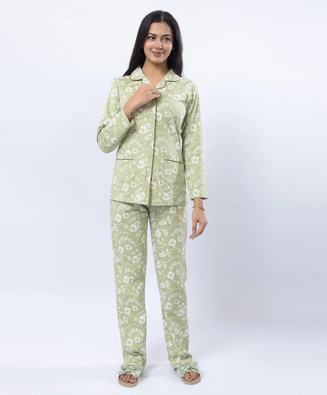 Printed Night Suit with Contrast Piping & Pockets