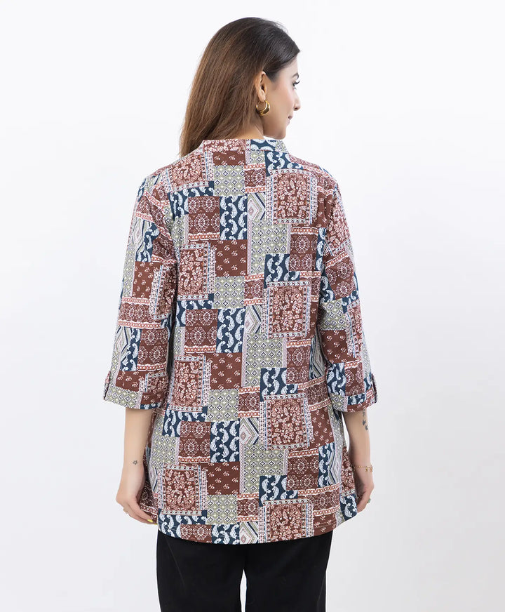Printed Front-Placket Hip-Length Short Kurti