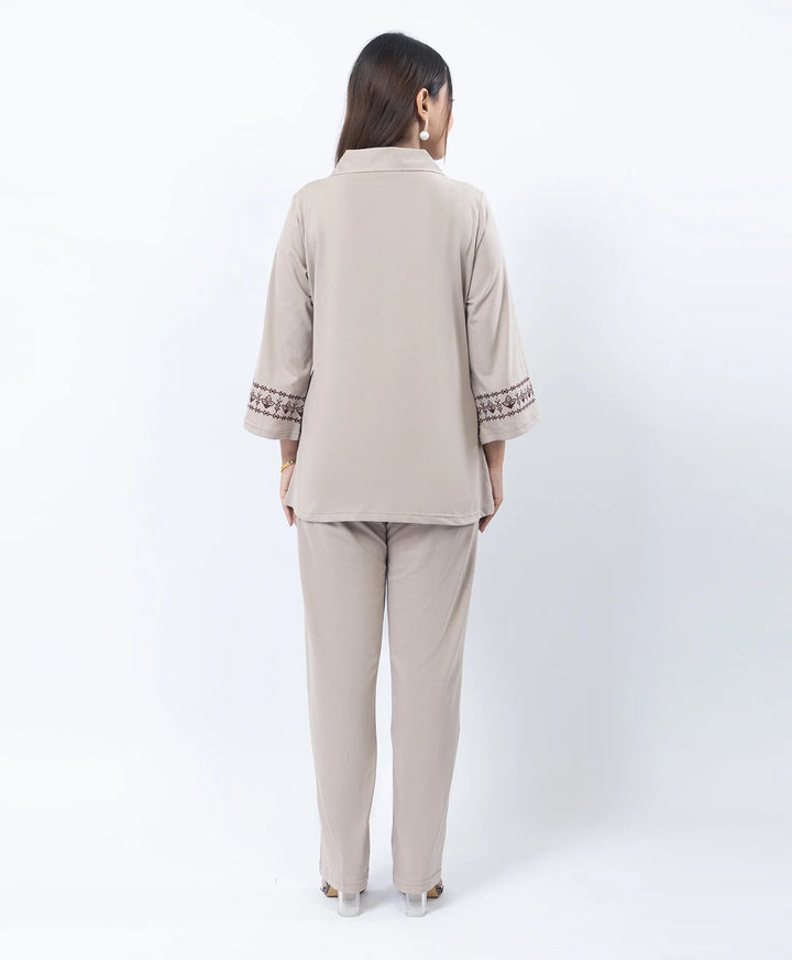 Straight Fit Collared Co-Ord Set with Embroidered Placket & Cuffs