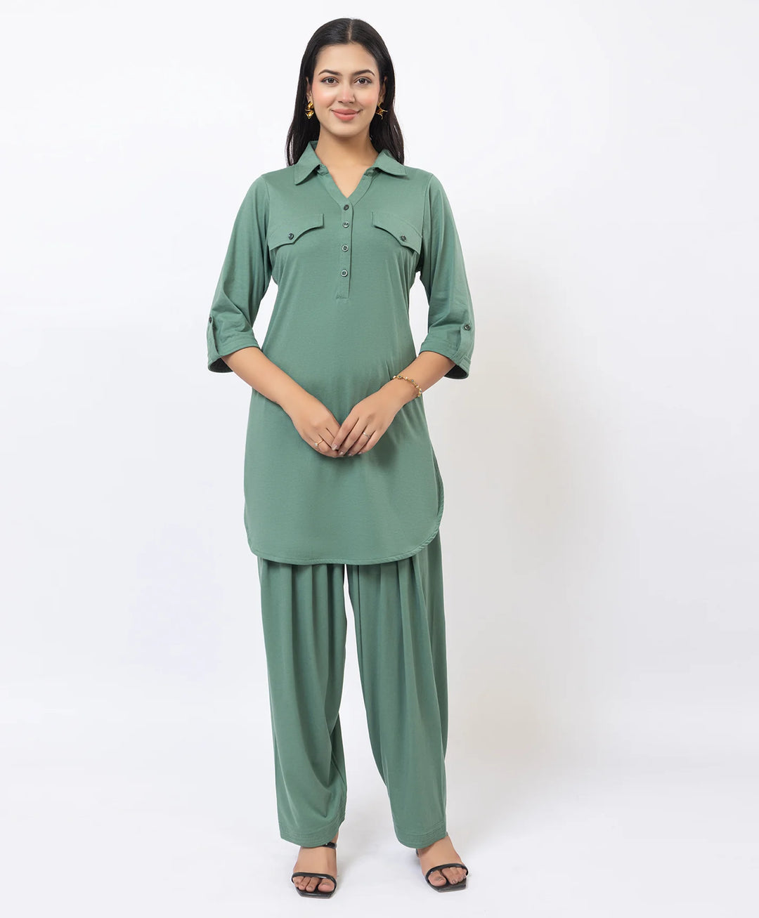 Collared Pathani Kurta with Relaxed Draped Salwar