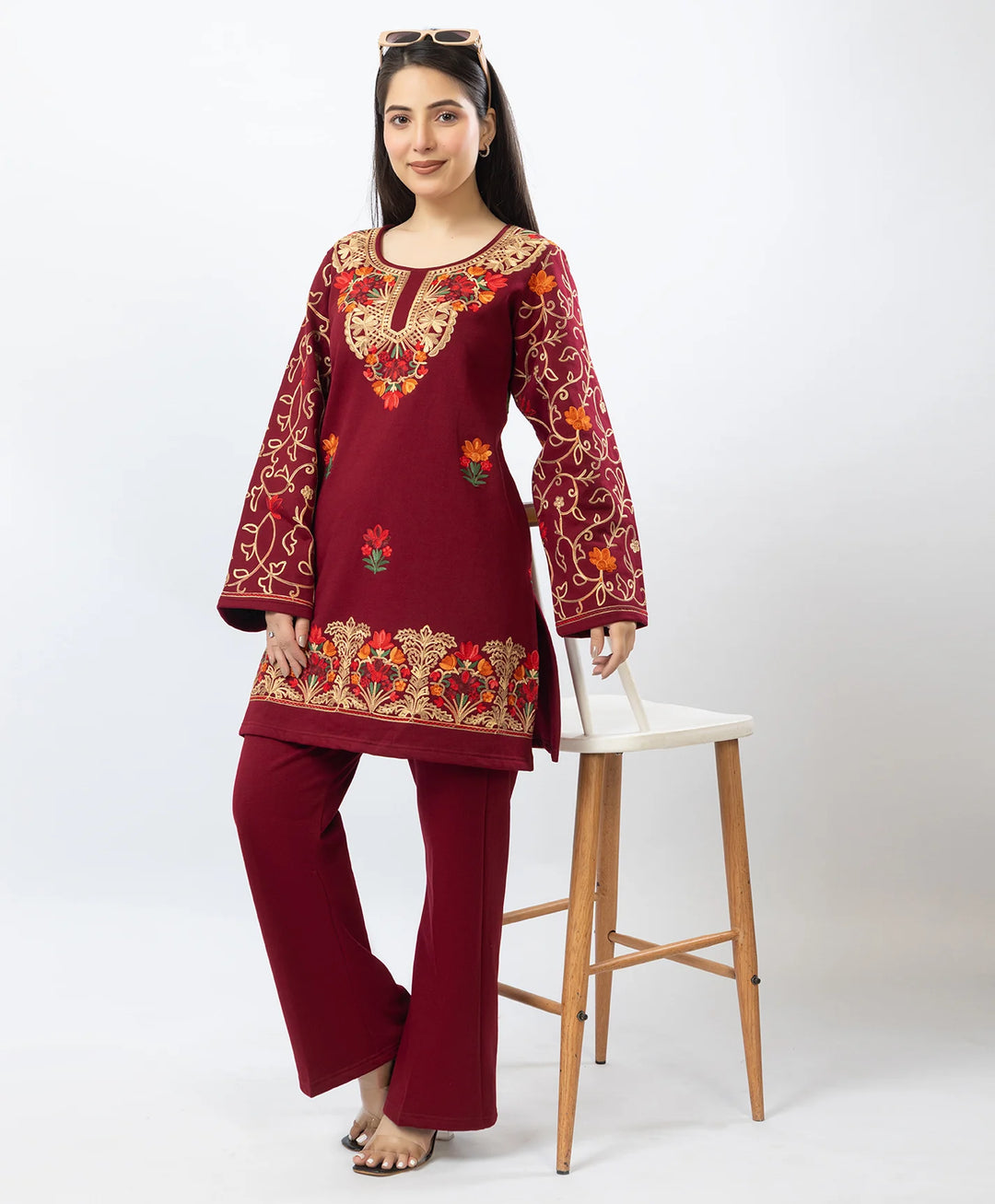 Kashmiri Floral Embroidered Fleece Kurta Set