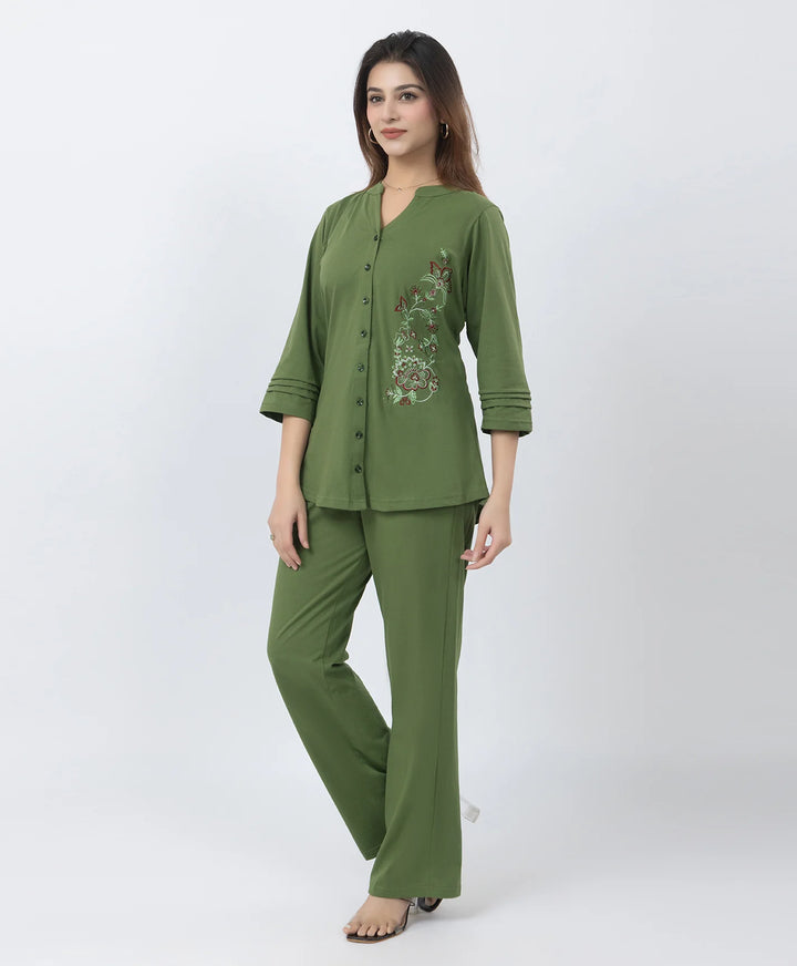 Front-Open Casual Embroidered Co-Ord Set